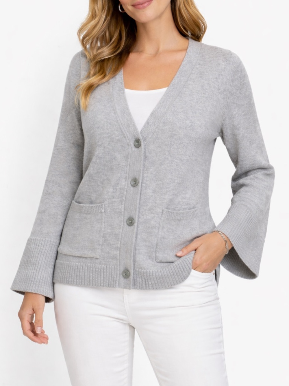 GAP Medium Tall Grey Knit Cardigan Wide Sleeve Button Front Sweater Pockets